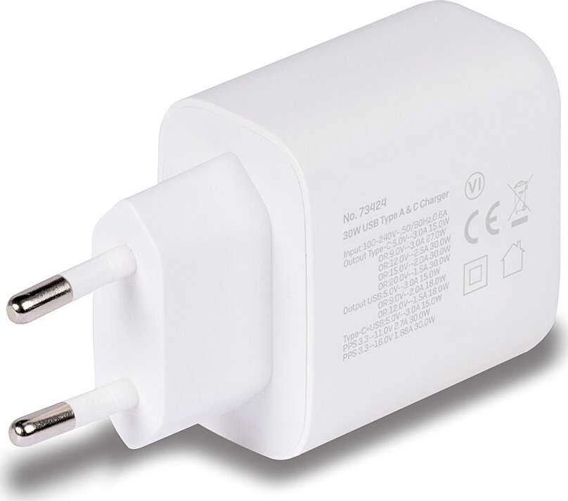 Įkroviklis - LINDY 30W USB Type A ir C Įkroviklis, Dvigubas Prievadas, PD Kompaktiškas Dizainas, Baltas