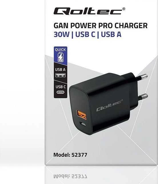 Adapteris Įkroviklis gan power pro 1xusb-c 1xusb 30w 5-20v 1.5-3a juodas Qoltec