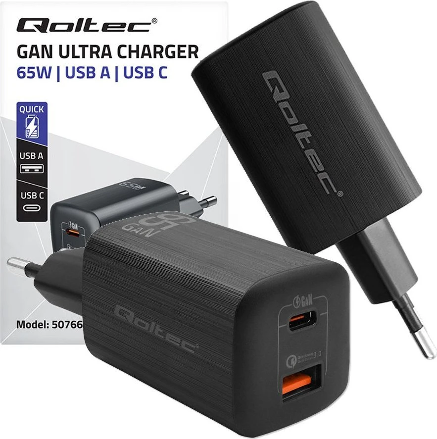 QOLTEC 50766 GaN ULTRA 65W charger / 5-20V / 2.25 3.25A / 1 x USB type C PD / 1x USB / Juodas