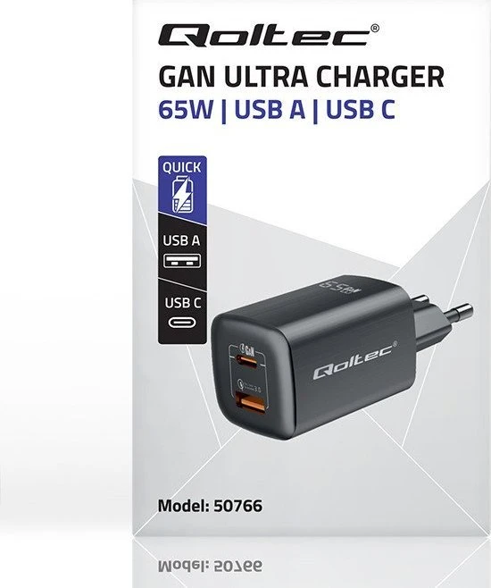 QOLTEC 50766 GaN ULTRA 65W charger / 5-20V / 2.25 3.25A / 1 x USB type C PD / 1x USB / Juodas