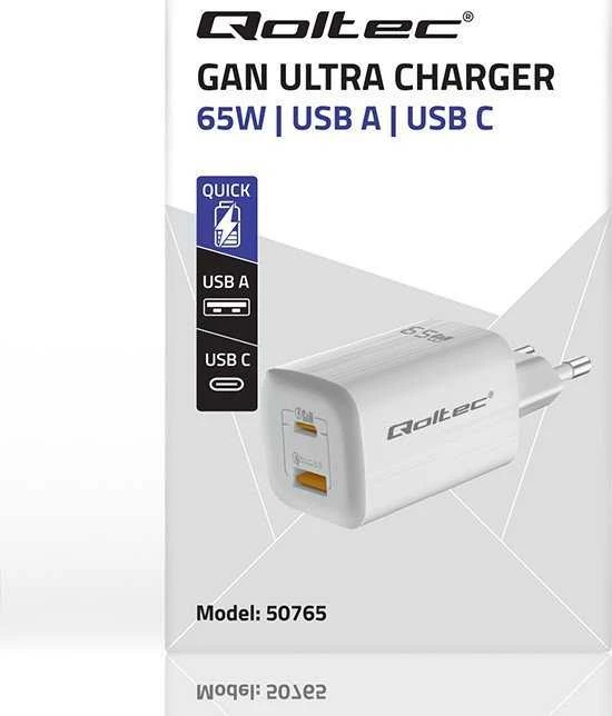 QOLTEC 50765 GaN ULTRA 65w įkroviklis / 5-20V / 2,25 3,25A / 1 x USB tipo C PD / 1x USB / Baltas
