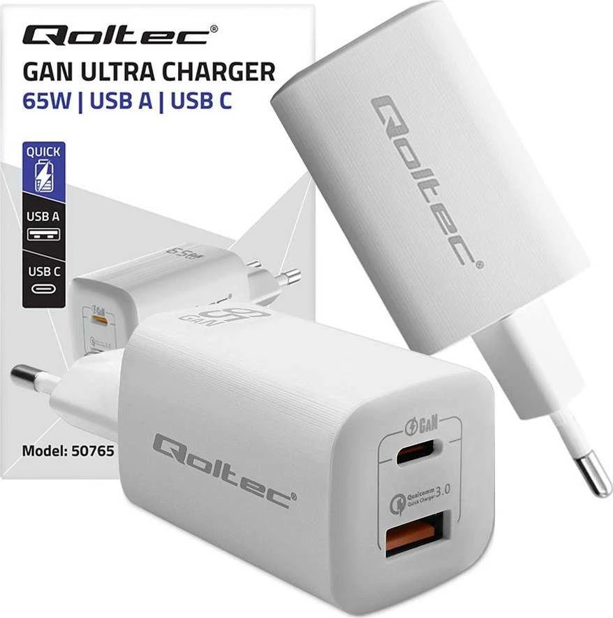QOLTEC 50765 GaN ULTRA 65w įkroviklis / 5-20V / 2,25 3,25A / 1 x USB tipo C PD / 1x USB / Baltas