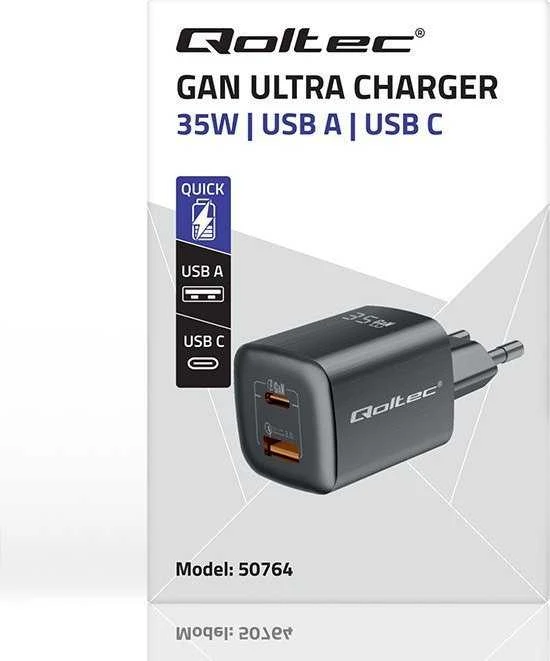 QOLTEC 50764 GaN ULTRA 35W charger / 5-20V / 2.25 3A / 1 x USB type C PD / 1x USB / Juodas