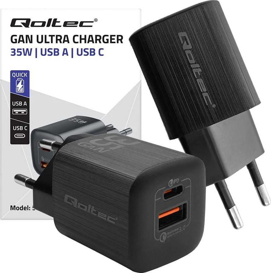 QOLTEC 50764 GaN ULTRA 35W charger / 5-20V / 2.25 3A / 1 x USB type C PD / 1x USB / Juodas
