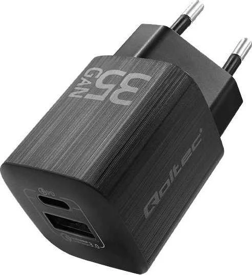QOLTEC 50764 GaN ULTRA 35W charger / 5-20V / 2.25 3A / 1 x USB type C PD / 1x USB / Juodas