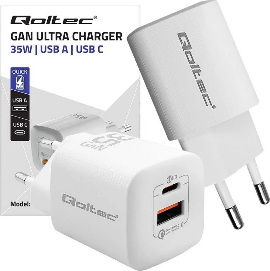 QOLTEC 50763 GaN ULTRA 35W įkroviklis / 5-20V / 2,25 3A / 1 x USB tipo C PD / 1x USB / Baltas