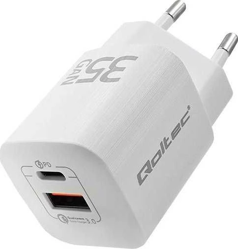 QOLTEC 50763 GaN ULTRA 35W įkroviklis / 5-20V / 2,25 3A / 1 x USB tipo C PD / 1x USB / Baltas