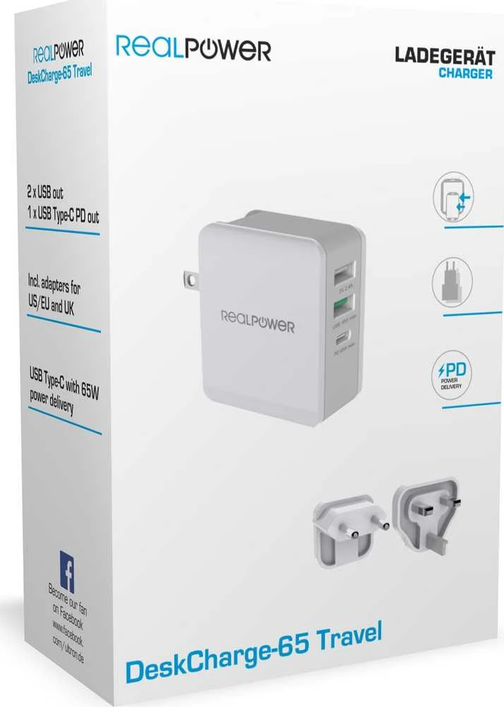 Carruzzo RealPower DeskCharge-65 Travel Universalus Pilka AC Vidaus