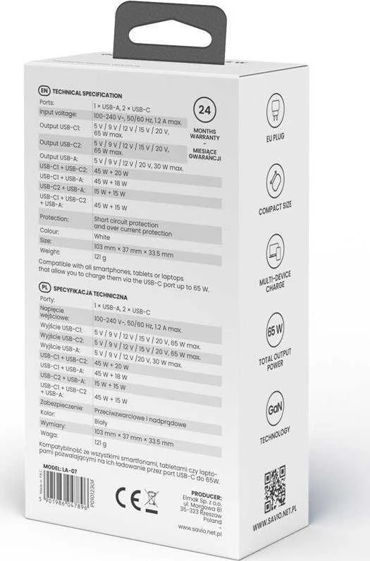 Sieninis Įkroviklis - Savio La-07 65W, USB, QC4.0+, PD 3.0, Baltas