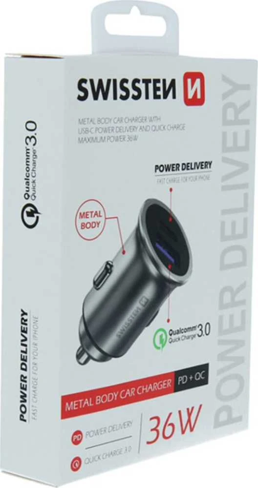 Krautuvas Swissten SWISSTEN automobilio įkroviklis 36W, 2-port, USB-C, USB-A