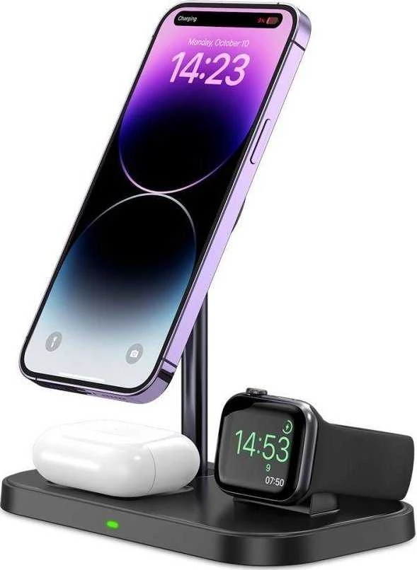 Belaidis magnetinis įkroviklis 3in1 15W telefonams su MagSafe, AirPods, Apple Watch Watch Tech-Protect QI15W A22 juodos spalvos