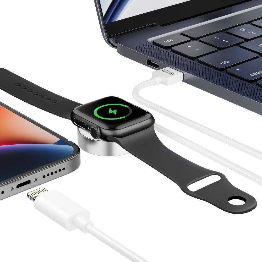 Magnetinis įkroviklis 2in1 Apple Watch 1.5m USB + Lightning Tech-Protect Ultraboost baltos spalvos