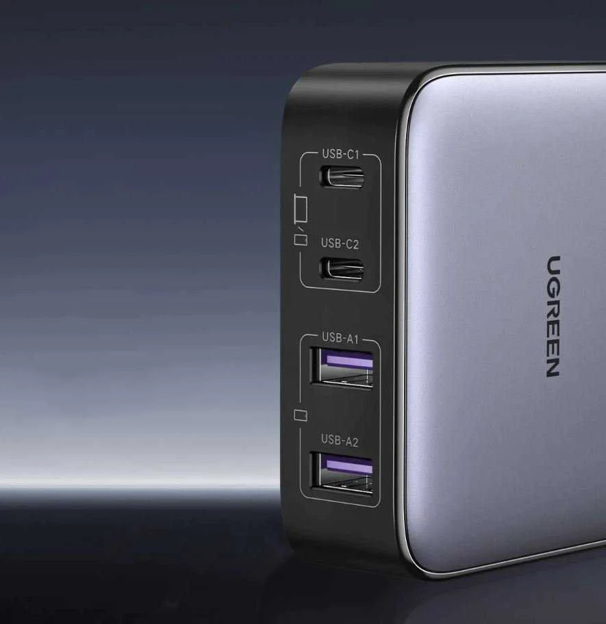 Nexode įkroviklis UGREEN CD327, 2x USB-C, 2x USB-A, GaN, 65W (pilka)