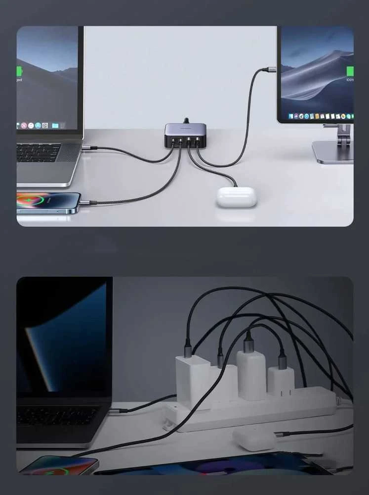 Nexode įkroviklis UGREEN CD327, 2x USB-C, 2x USB-A, GaN, 65W (pilka)