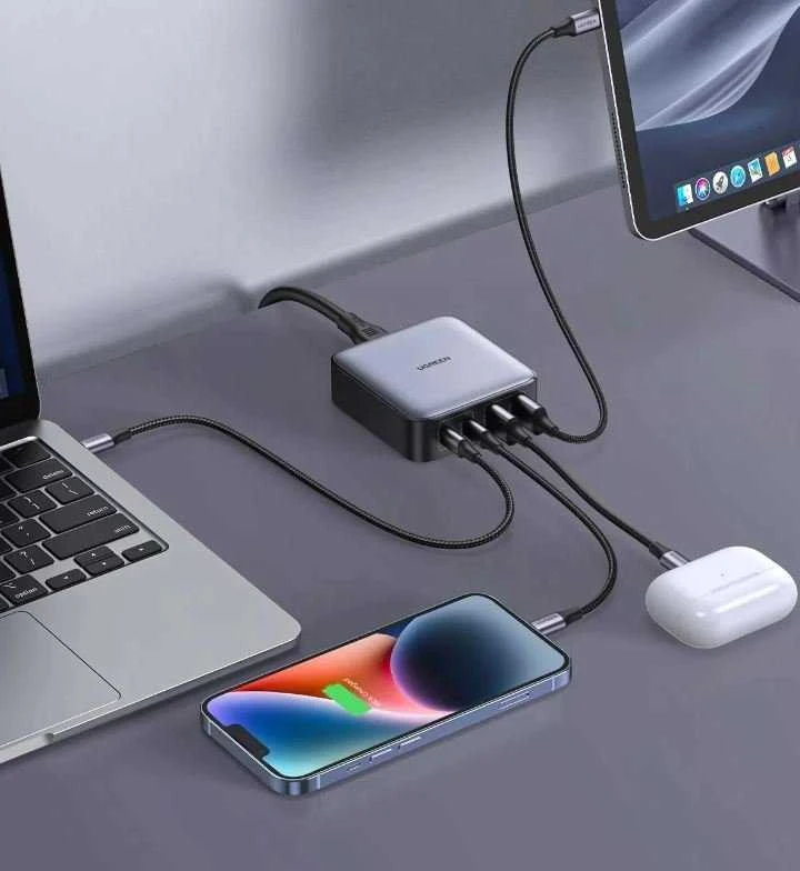Nexode įkroviklis UGREEN CD327, 2x USB-C, 2x USB-A, GaN, 65W (pilka)