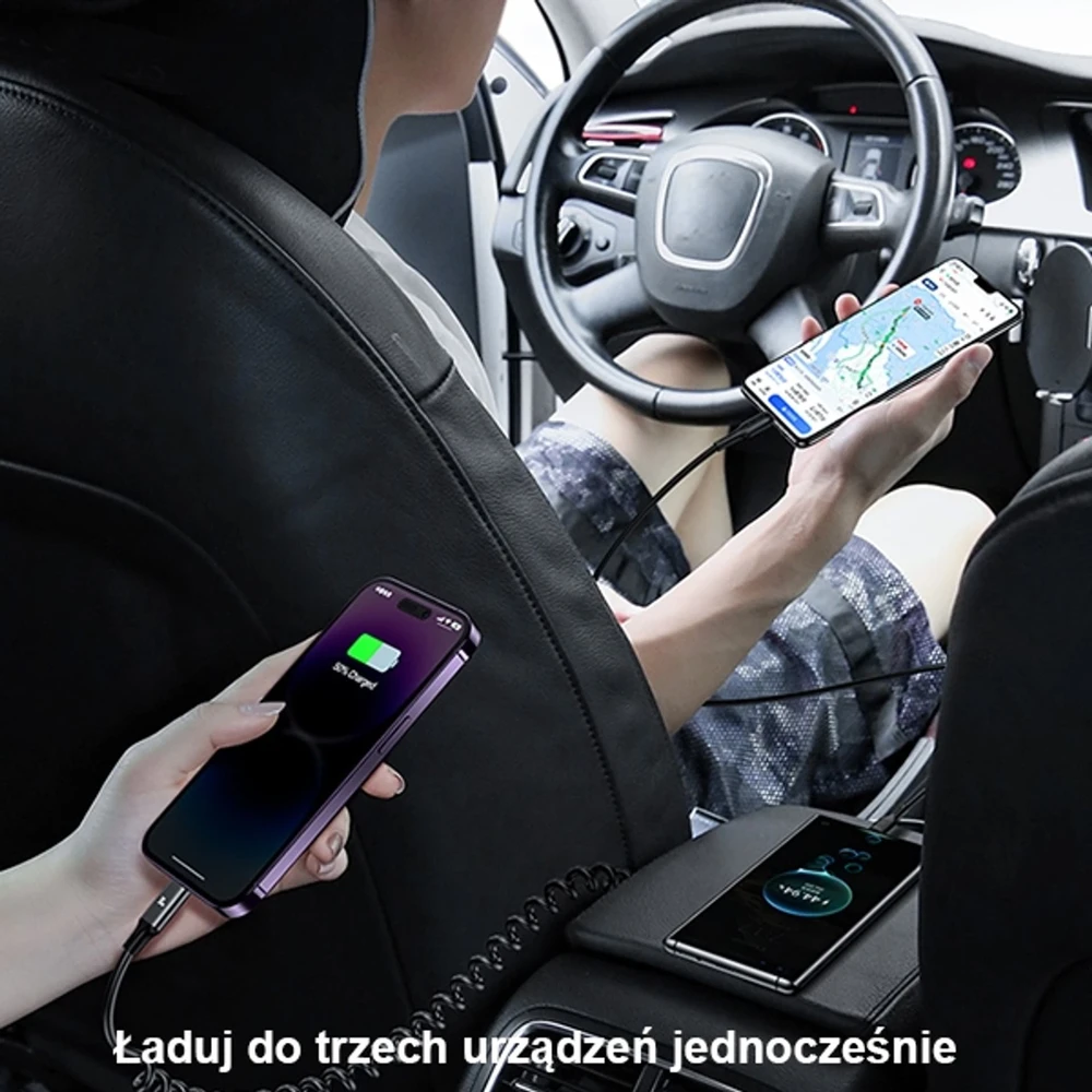 USAMS automobilinis įkroviklis 2xUSB-C 1xUSB-A C33 60W with spring cable Fast Charge juodas CC167CC01 (US-CC167)