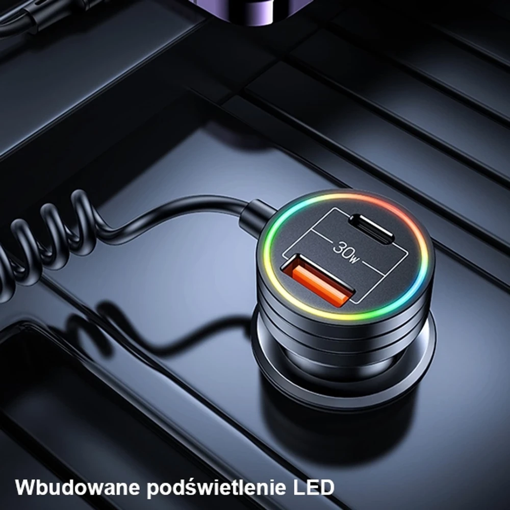 USAMS automobilinis įkroviklis 2xUSB-C 1xUSB-A C33 60W with spring cable Fast Charge juodas CC167CC01 (US-CC167)