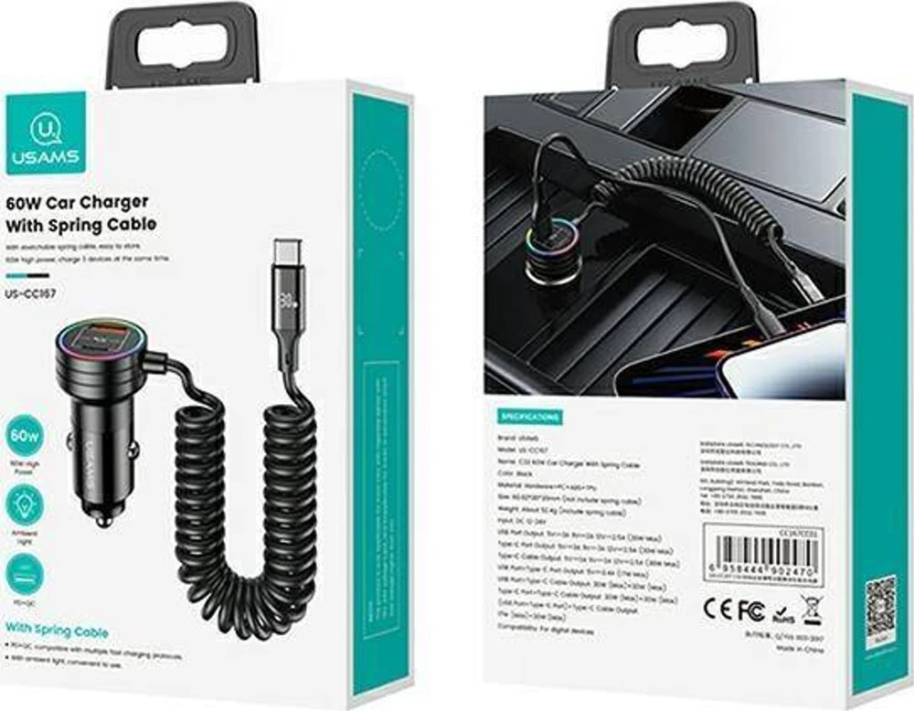 USAMS automobilinis įkroviklis 2xUSB-C 1xUSB-A C33 60W with spring cable Fast Charge juodas CC167CC01 (US-CC167)