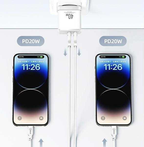 USAMS Laidinis įkroviklis 2xUSB-C T54 GaN 40W (only head) PD Fast Charging baltos spalvos CC172TC02 (US-CC172)