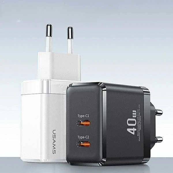 USAMS Laidinis įkroviklis 2xUSB-C T54 GaN 40W (only head) PD Fast Charging baltos spalvos CC172TC02 (US-CC172)