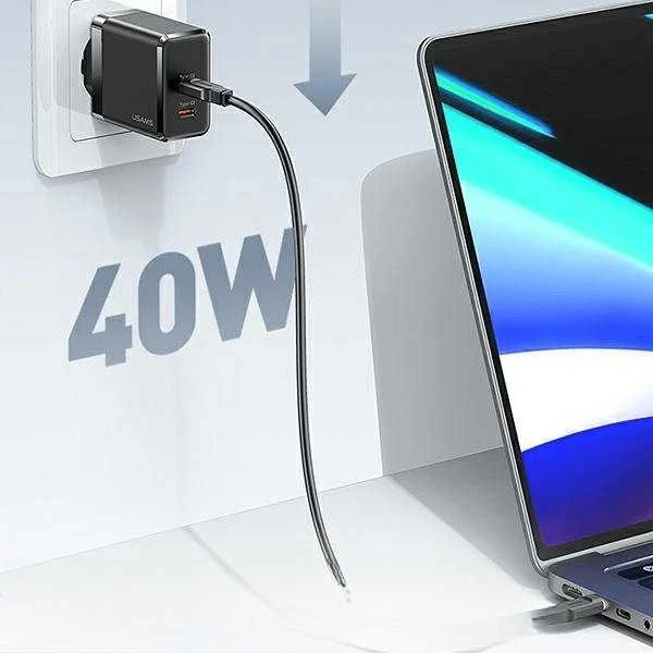 USAMS Laidinis įkroviklis 2xUSB-C T54 GaN 40W (only head) PD Fast Charging baltos spalvos CC172TC02 (US-CC172)