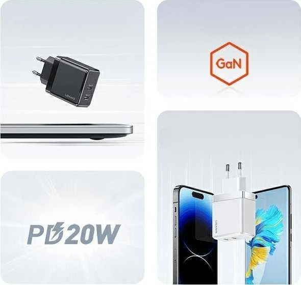 USAMS Laidinis įkroviklis 2xUSB-C T54 GaN 40W (only head) PD Fast Charging baltos spalvos CC172TC02 (US-CC172)