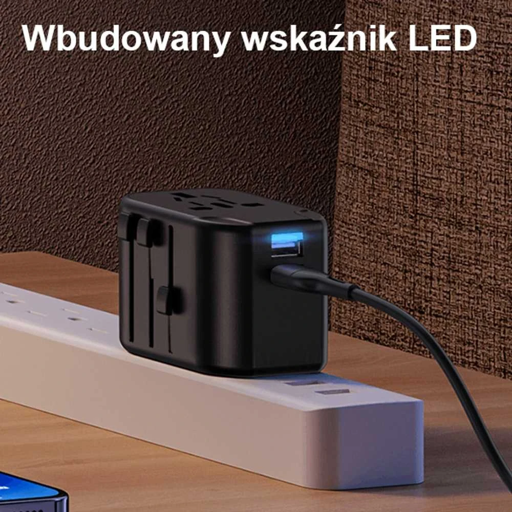 USAMS sieninis adapteris 2xUSB T55 12W 4-in-1 US/AU/EU/UK juodas CC173TC01 (US-CC173) universalus kelioninis įkroviklis