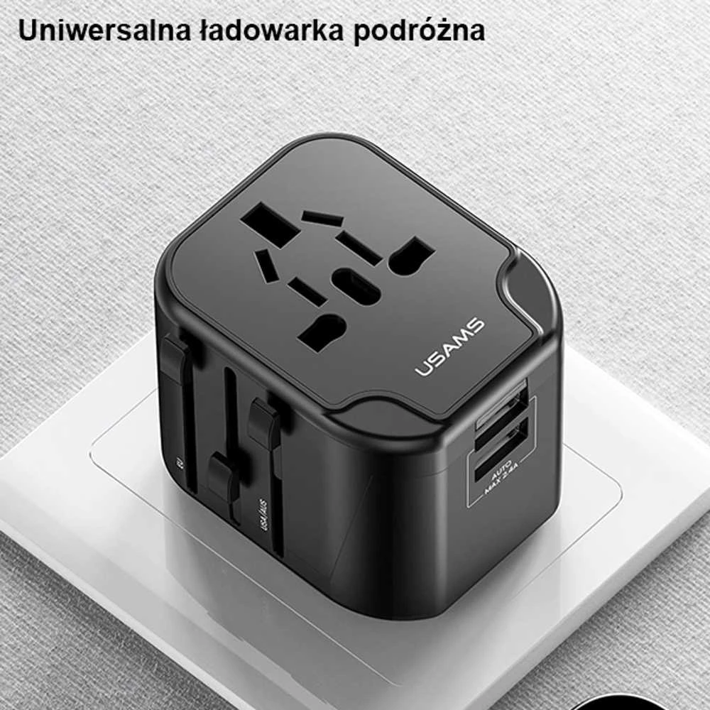 USAMS sieninis adapteris 2xUSB T55 12W 4-in-1 US/AU/EU/UK juodas CC173TC01 (US-CC173) universalus kelioninis įkroviklis