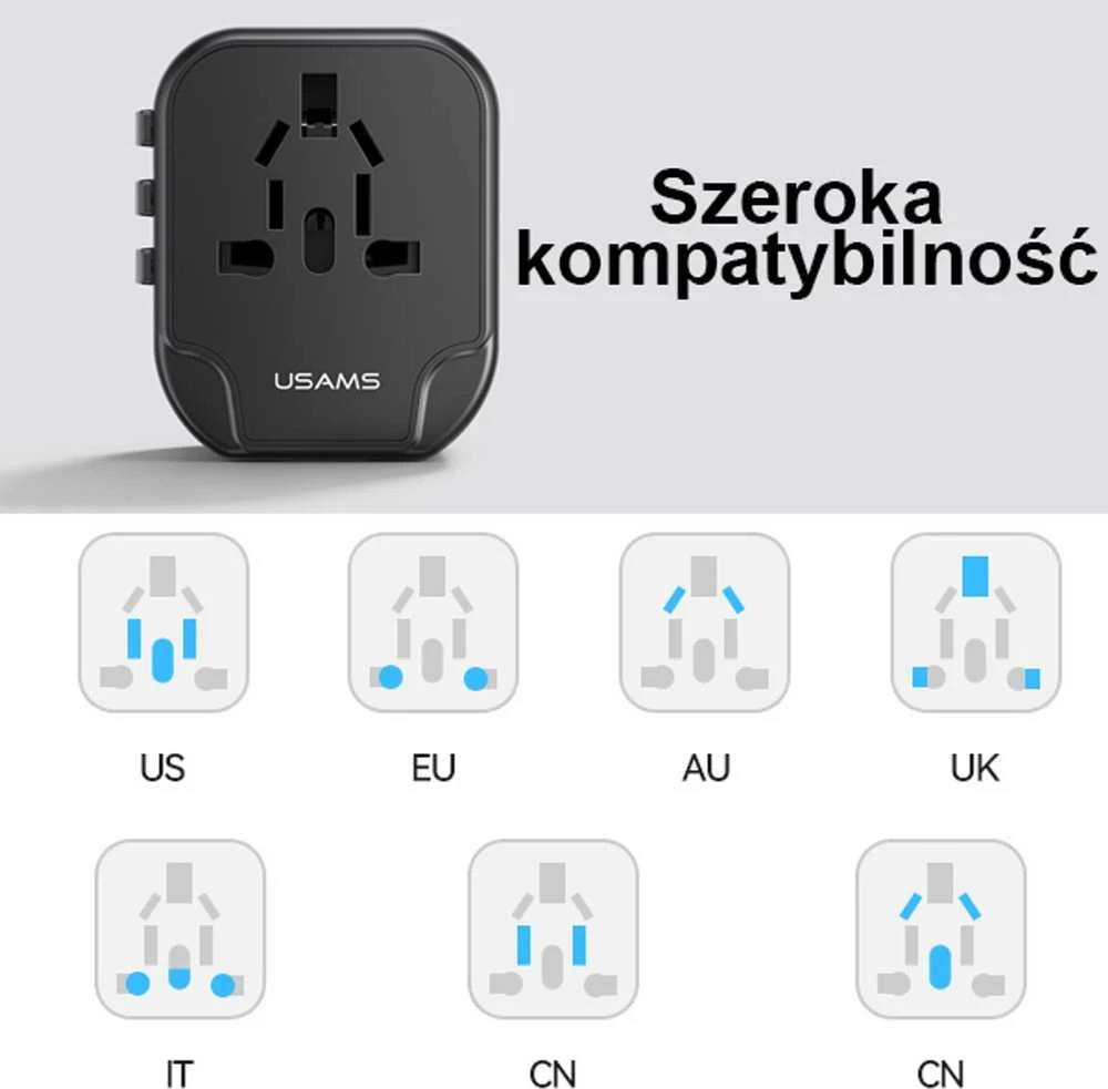 USAMS sieninis adapteris 2xUSB T55 12W 4-in-1 US/AU/EU/UK juodas CC173TC01 (US-CC173) universalus kelioninis įkroviklis