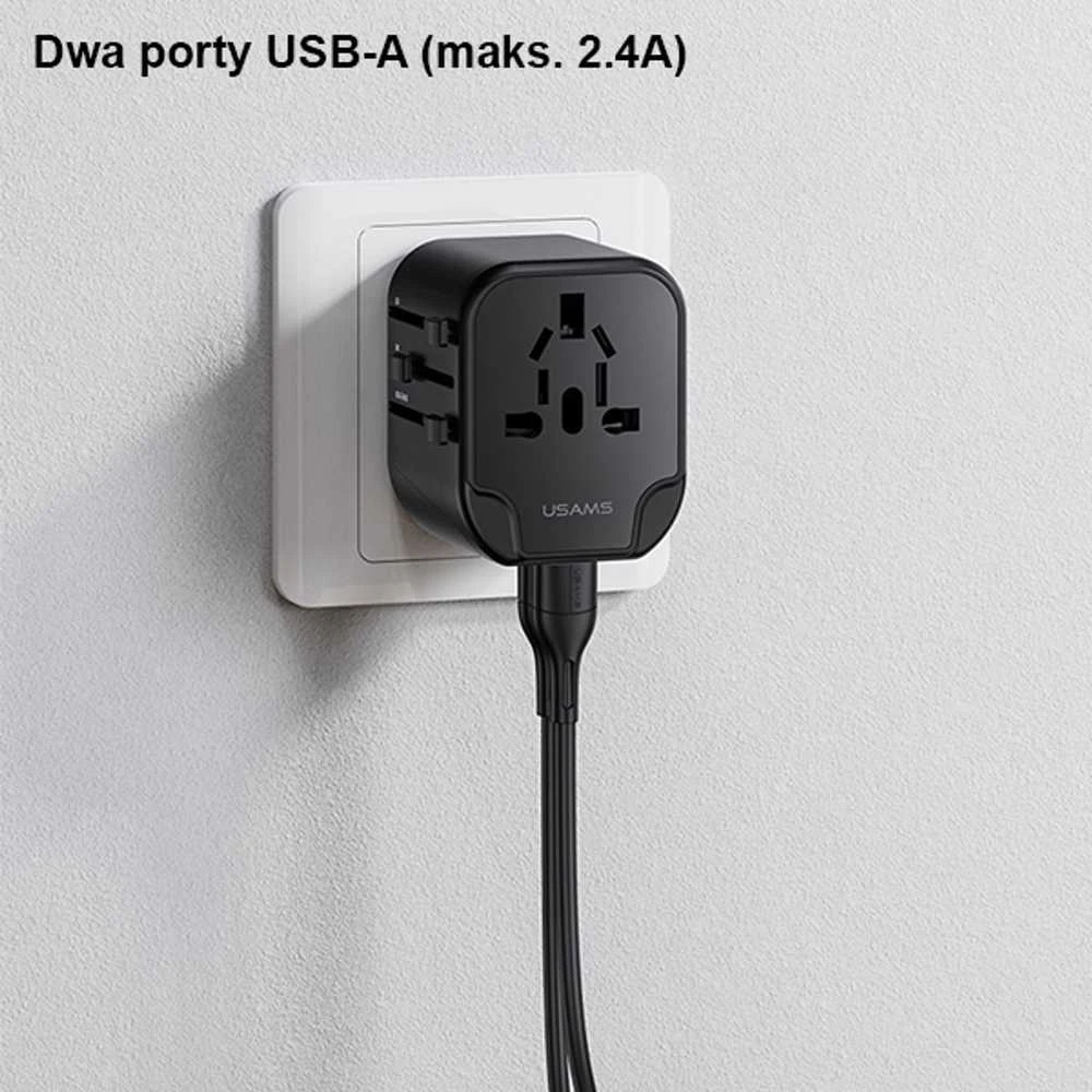 USAMS sieninis adapteris 2xUSB T55 12W 4-in-1 US/AU/EU/UK juodas CC173TC01 (US-CC173) universalus kelioninis įkroviklis