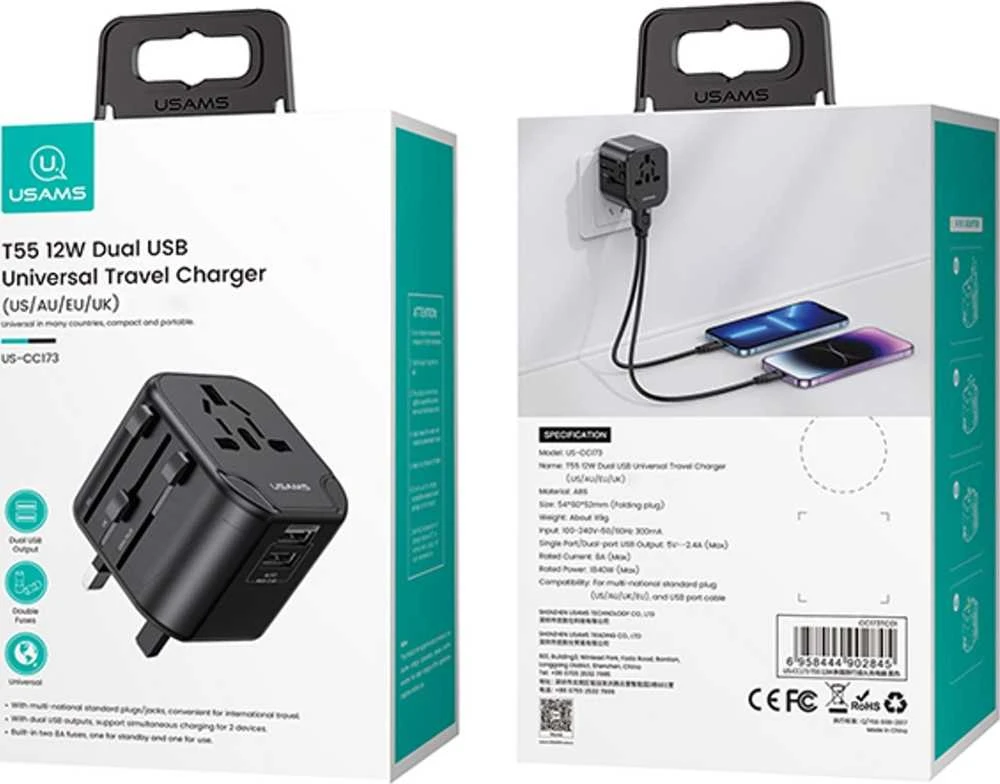 USAMS sieninis adapteris 2xUSB T55 12W 4-in-1 US/AU/EU/UK juodas CC173TC01 (US-CC173) universalus kelioninis įkroviklis