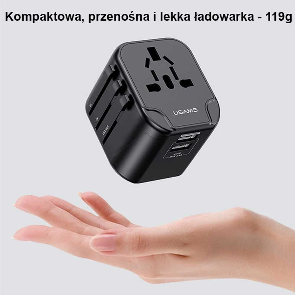 USAMS sieninis adapteris 2xUSB T55 12W 4-in-1 US/AU/EU/UK juodas CC173TC01 (US-CC173) universalus kelioninis įkroviklis