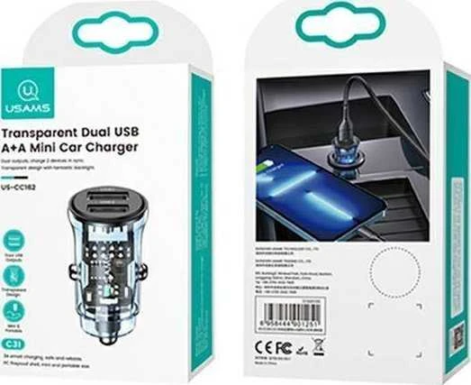 USAMS automobilinis įkroviklis C31 3A 2xUSB-A Fast Charge mėlynas CC162CC02 (US-CC162)