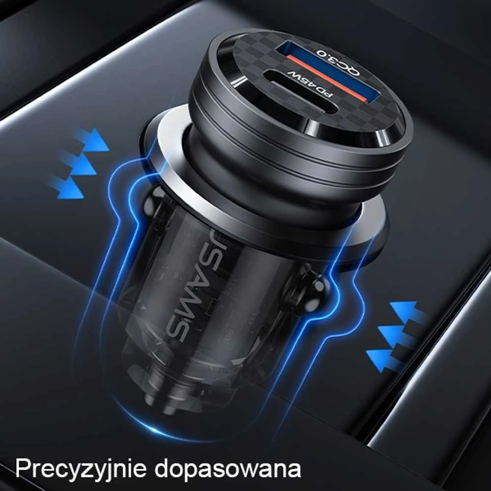 USAMS automobilinis įkroviklis C35 USB+USB-C 45W FAST CHARGE violetinės spalvos CC175CC02 (US-CC175)