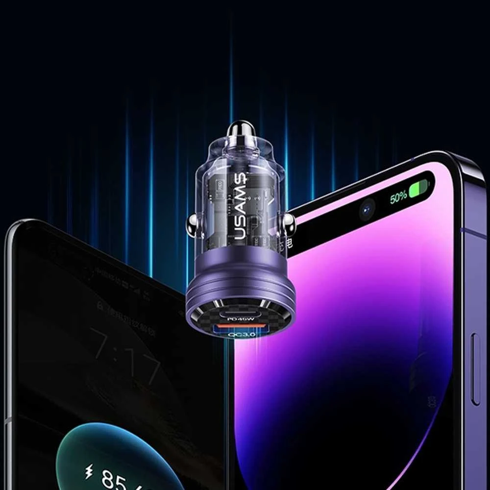USAMS automobilinis įkroviklis C35 USB+USB-C 45W FAST CHARGE violetinės spalvos CC175CC02 (US-CC175)
