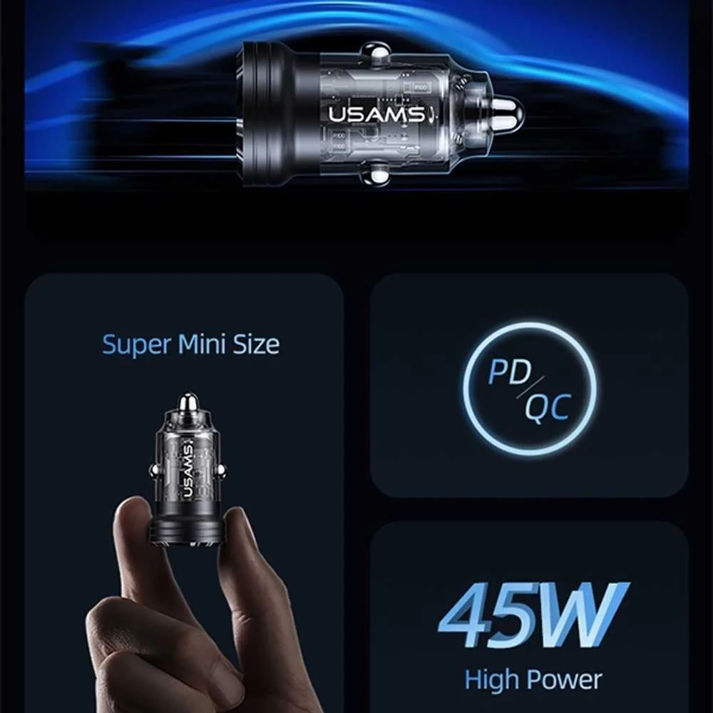 USAMS automobilinis įkroviklis C35 USB+USB-C 45W FAST CHARGE violetinės spalvos CC175CC02 (US-CC175)