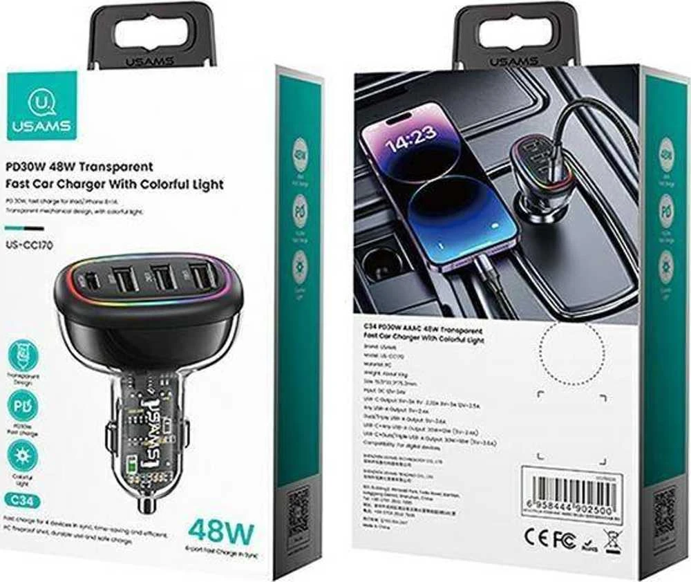 USAMS automobilinis įkroviklis 1xUSB-C 3xUSB-A C34 48W 3A+C PD Fast Charge juodas CC170CC01 (US-CC170)
