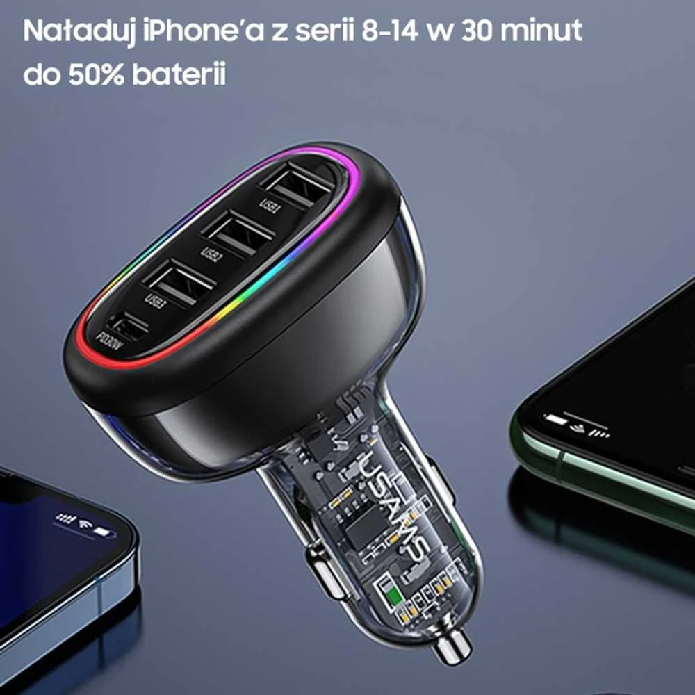 USAMS automobilinis įkroviklis 1xUSB-C 3xUSB-A C34 48W 3A+C PD Fast Charge juodas CC170CC01 (US-CC170)