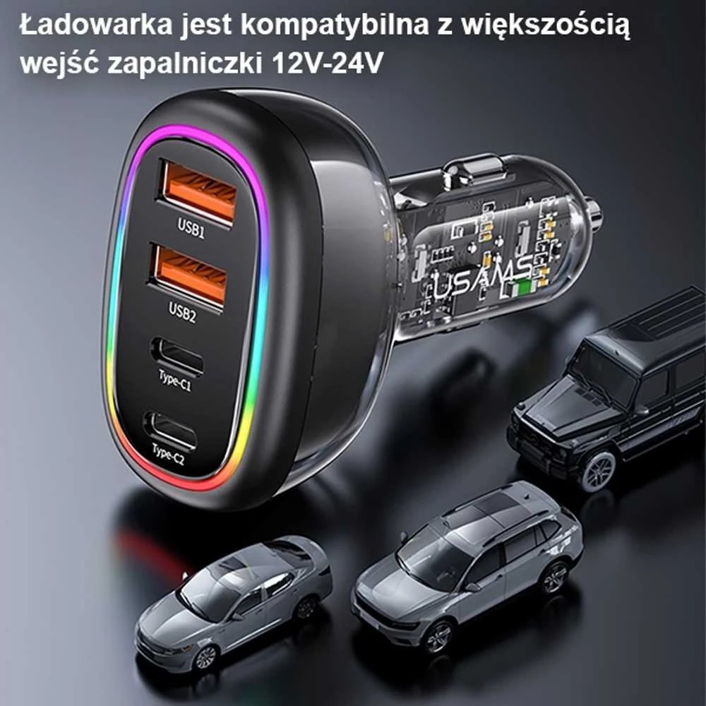 USAMS automobilinis įkroviklis 1xUSB-C 3xUSB-A C34 48W 3A+C PD Fast Charge juodas CC170CC01 (US-CC170)