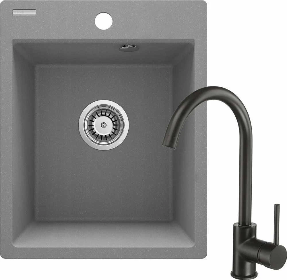 Granitinė virtuvinė plautuvė Deante Corio su maišytuvu, ZRCBS103, Metallic pilkas+Juodas