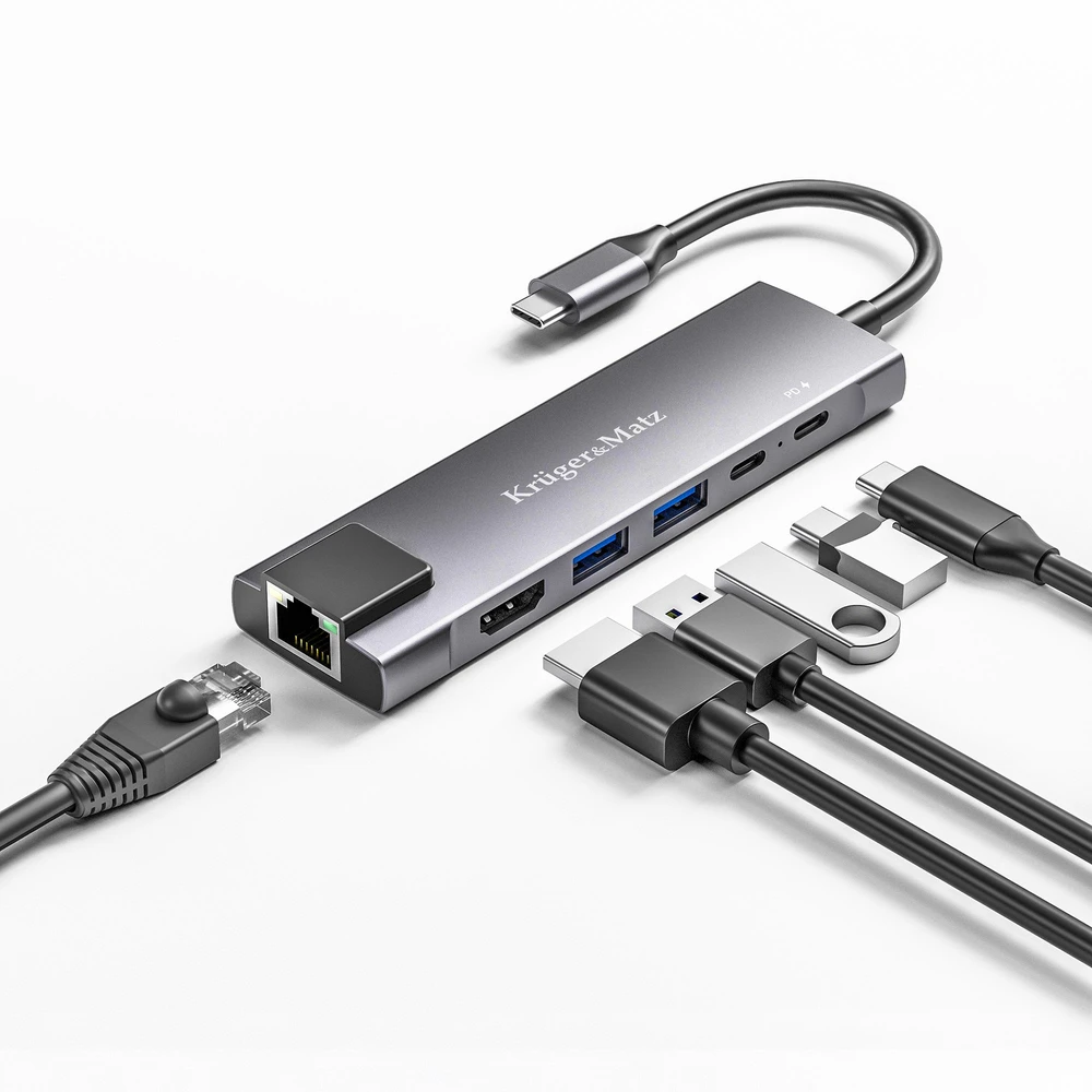 Kruger & Matz Adapteris (šakotuvas) USB C tipo į HDMI / 2x USB3.0 / 2x USB C tipo / RJ45
