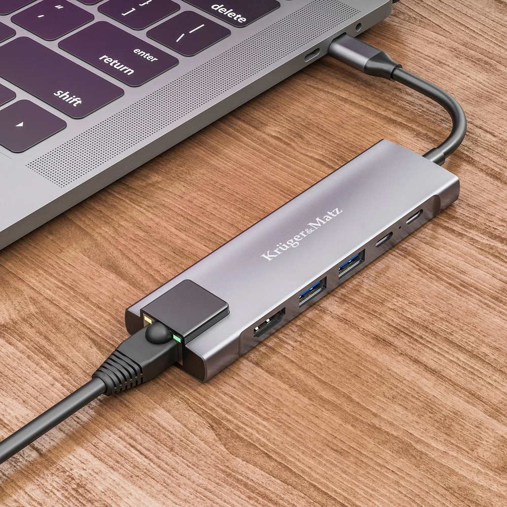 Kruger & Matz Adapteris (šakotuvas) USB C tipo į HDMI / 2x USB3.0 / 2x USB C tipo / RJ45