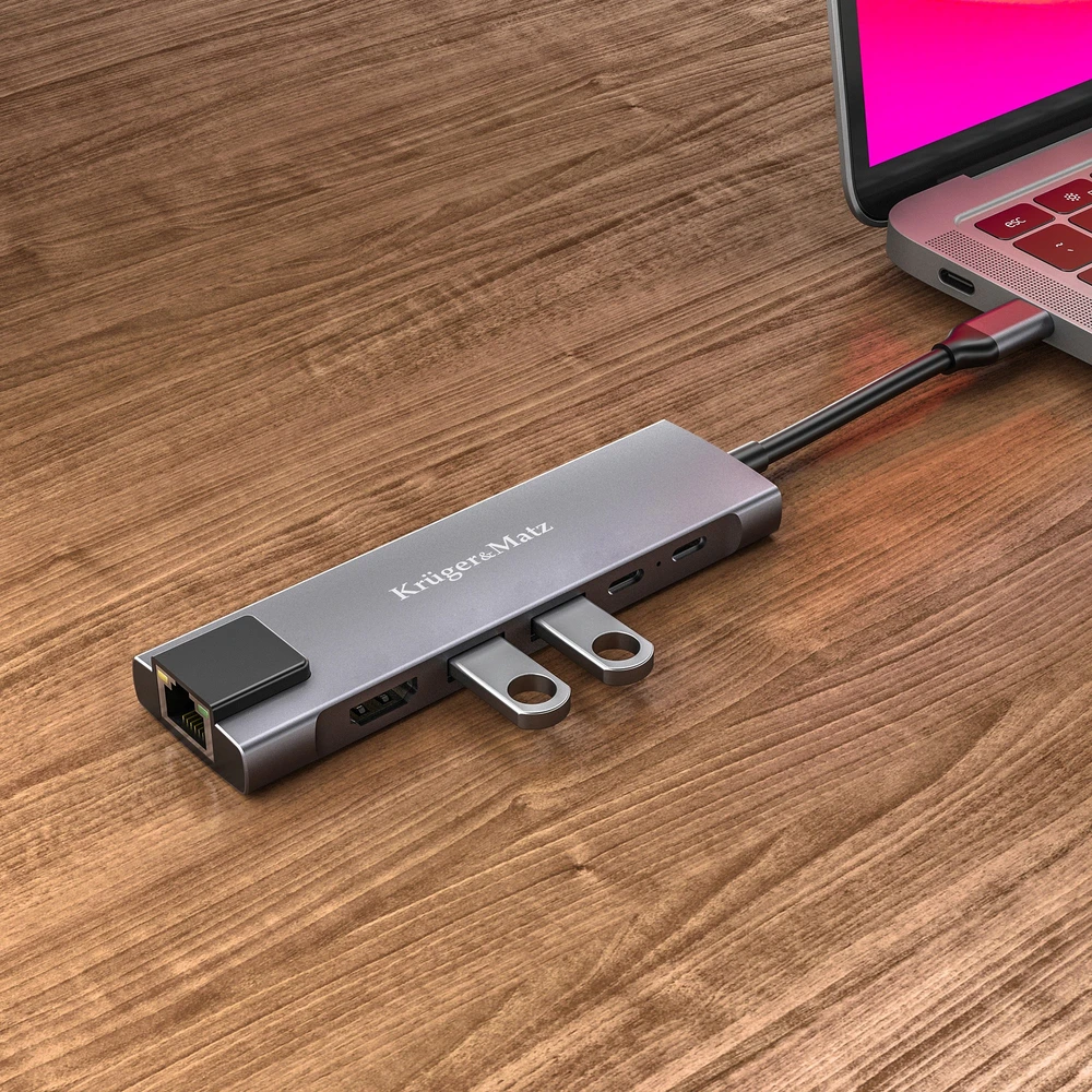 Kruger & Matz Adapteris (šakotuvas) USB C tipo į HDMI / 2x USB3.0 / 2x USB C tipo / RJ45