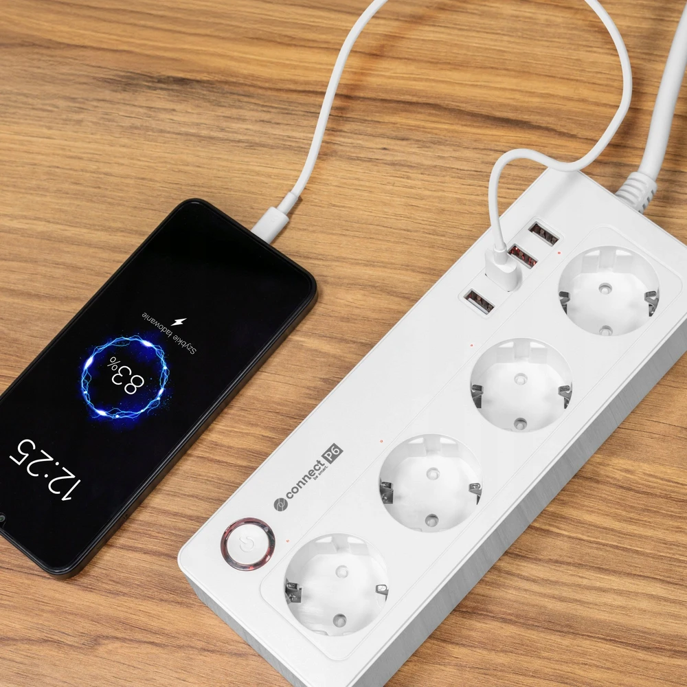 Kruger & Matz Listwa KrugerMatz maitinimo blokas, 4 vokiški lizdai ir 4xUSB 2100 mA, Connect P6 Tuya