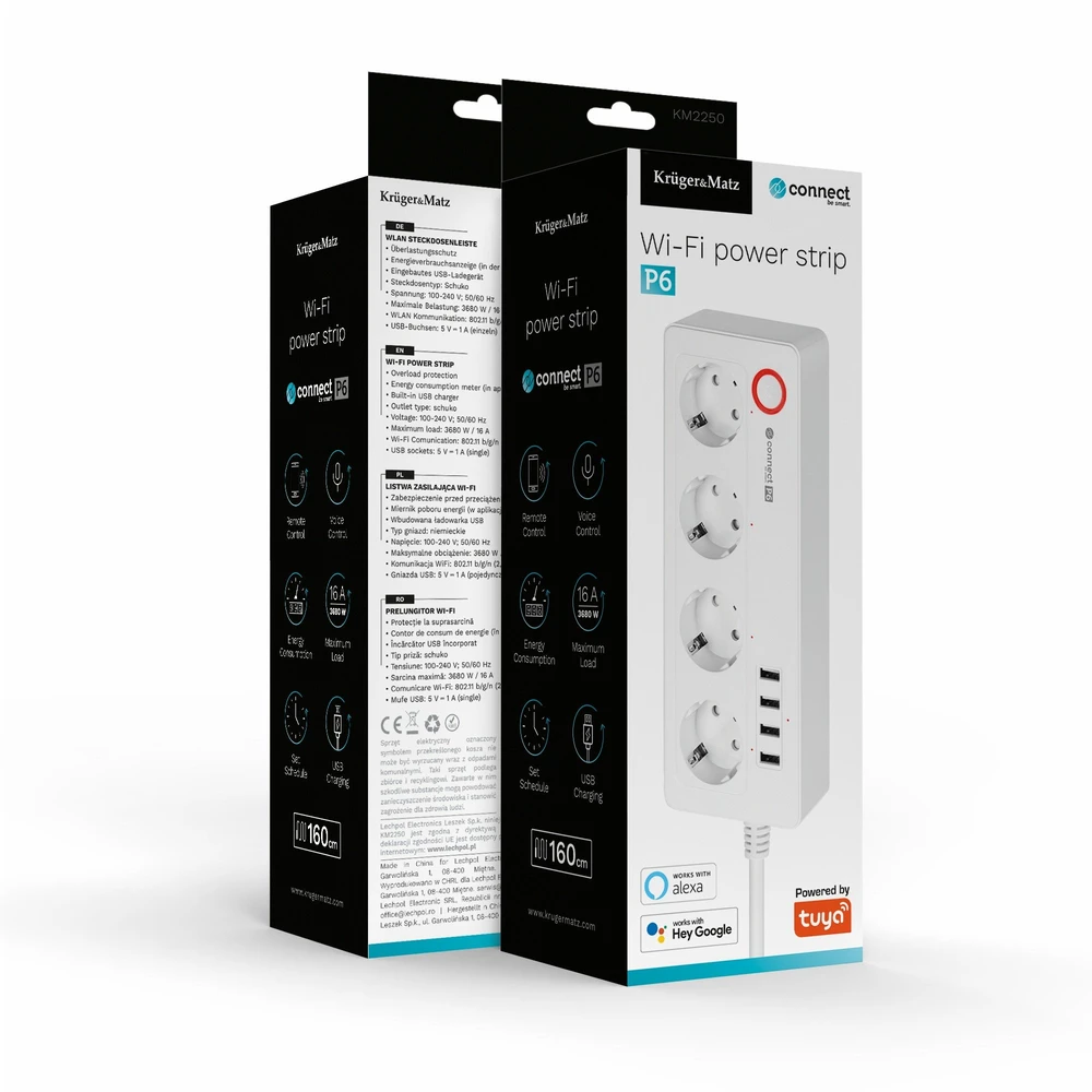 Kruger & Matz Listwa KrugerMatz maitinimo blokas, 4 vokiški lizdai ir 4xUSB 2100 mA, Connect P6 Tuya