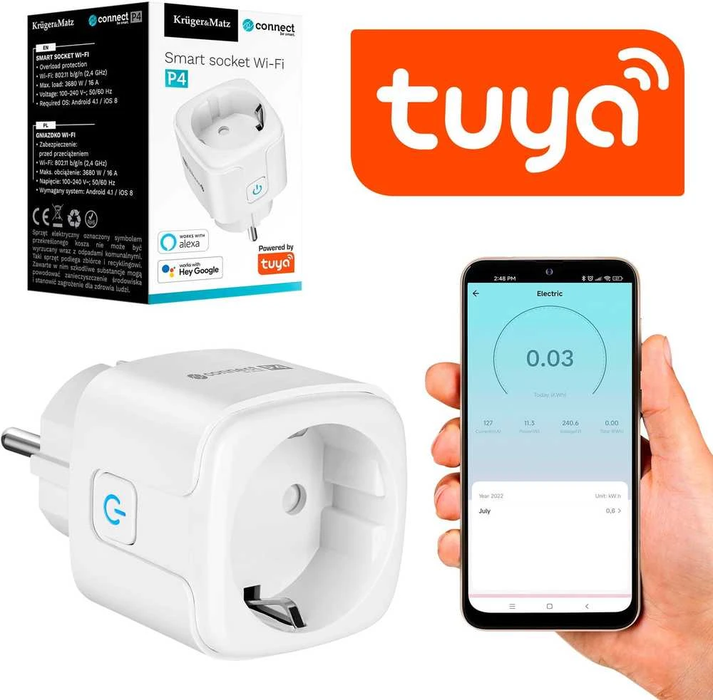 Kruger & Matz Connect P4 baltas Tuya WiFi lizdas