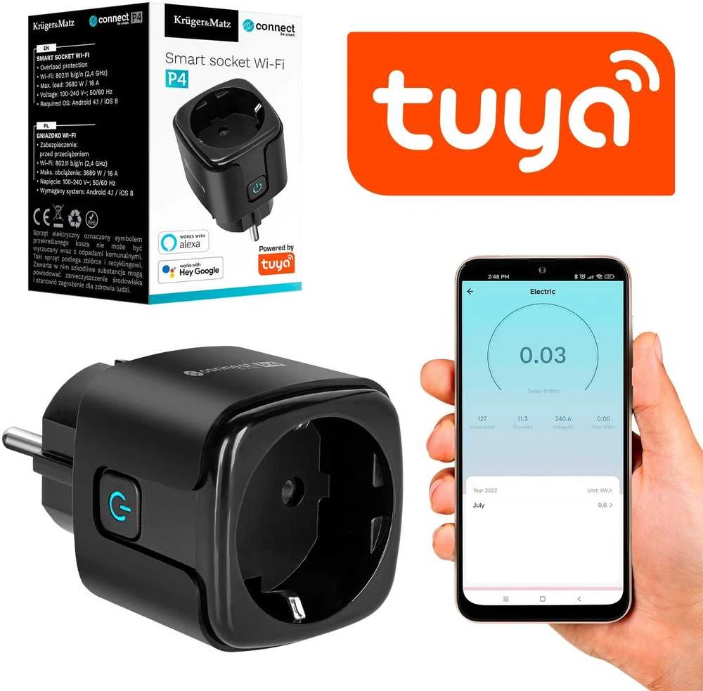 Kruger & Matz Connect P4 Juodas Tuya WiFi lizdas