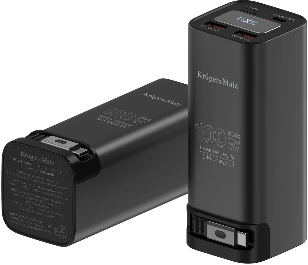 Kruger & Matz PowerBank KrugerMatz 20000 mAh ličio jonų išorinė baterija su QC ir PD funkcijomis