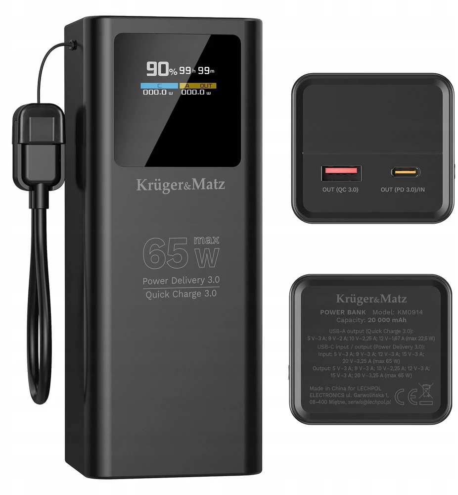 Kruger & Matz PowerBank KrugerMatz 20000 mAh ličio jonų 65W išorinė baterija su QC ir PD funkcijomis