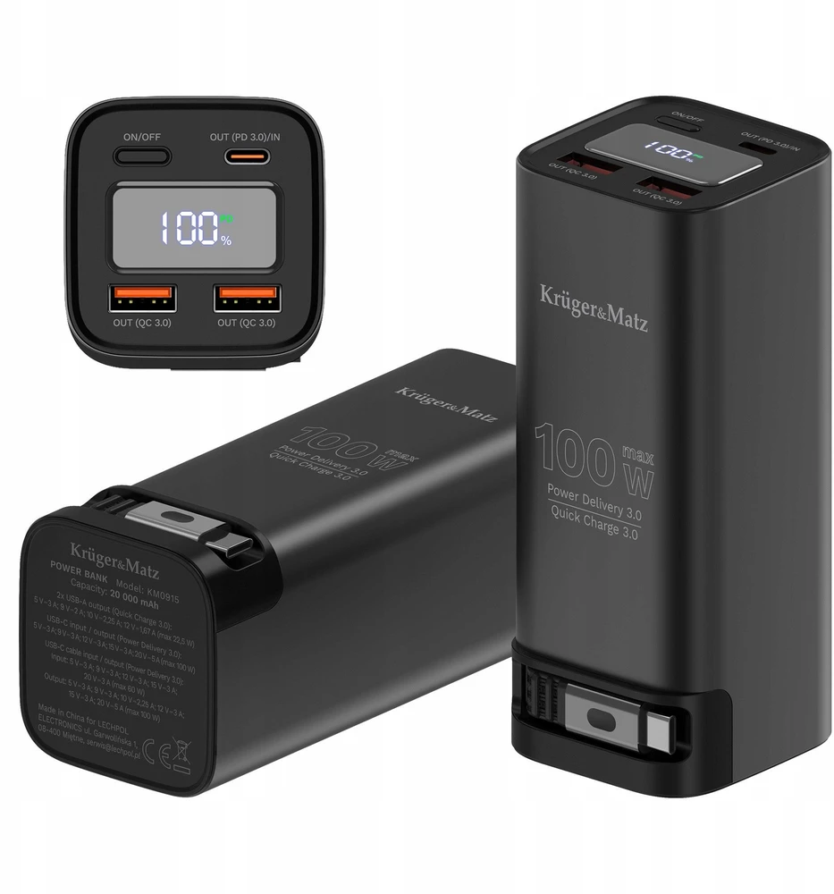 Kruger & Matz PowerBank KrugerMatz 20000 mAh ličio jonų išorinė baterija su QC ir PD funkcijomis